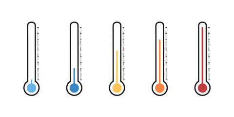 thermometer with yellow blue red scale, climate control, weather change, flat vector bicolor icon, weather icon. Temperature thermometer icon collection on white background.