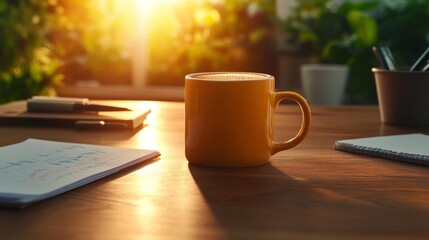 Wedding planning desk with coffee cup in a cozy office. Generative AI