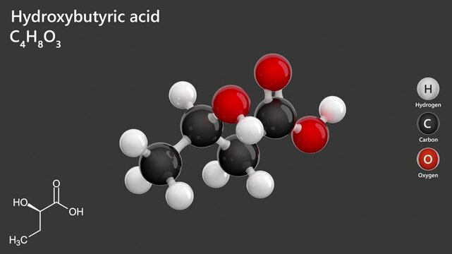 Alpha-hydroxybutyric acid (2-Hydroxybutyric Acid). Animated 3D model of a molecule. Molecular formula: C4H8O3. Chemical model: Ball and sticks. Gray background. 3D rendering. Seamless loop.