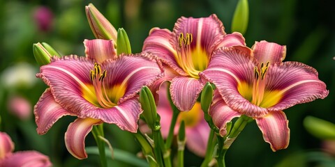 Fototapeta premium Daylilies are popular flowering plants from the genus Hemerocallis. Gardening enthusiasts and professional horticulturists appreciate daylilies for their stunning and attractive flowers, making