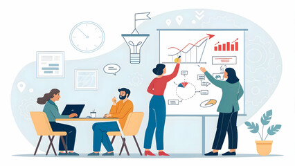 Team Optimizing Sales Funnel for Increased Conversions Brainstorming Ideas on Whiteboard with Ample Copy Space