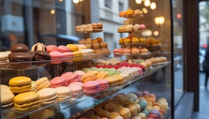 Fototapeta premium Colorful macarons displayed in a bakery window, with other pastries and sweets visible in the background