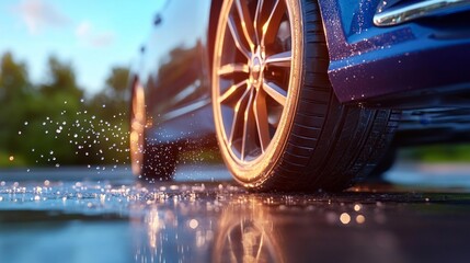 Car Tire with Water Splash Effect. Generative AI