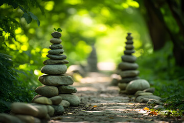 Obraz premium Nature's Harmony: A Scenic Pathway with Symbolic Stone Cairn Amidst Verdant Trees