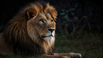 Obraz premium King of the Jungle, Close-up of lion looking away against black background 