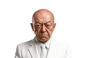 Serious man in white suit with bald head and intense expression, studio setting