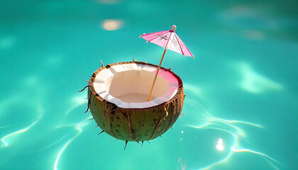 A coconut with a small umbrella in it, floating on a turquoise background, Coconut cocktail drinking on tropical summer beach, relaxing travel and holiday vacation concept, created with generative ai