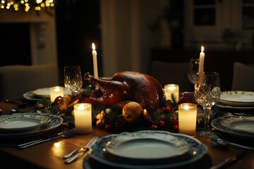 Thanksgiving dinner celebration with roasted turkey and candles cozy dining room evening ambiance family gathering
