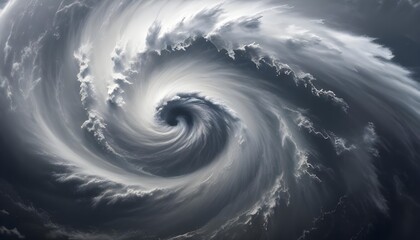 A swirling, powerful hurricane or typhoon with a dramatic eye at the center, surrounded by intense, billowing clouds