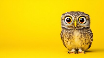 Obraz premium Cute owl with yellow background. The owl is looking at the camera with its eyes wide open
