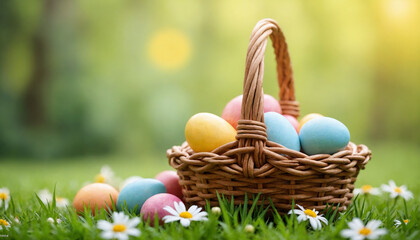 Obraz premium Colorful Easter eggs in wicker basket on green grass with flowers