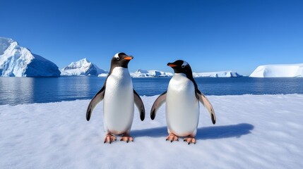 Obraz premium Two penguins are standing on a snowy beach, facing each other. The scene is calm and tranquil, with the water in the background creating a sense of depth