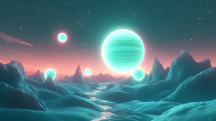 Obraz premium Ethereal 3D Render: Glowing Spheres Mysteriously Hover Over a Futuristic Landscape. AI Generated