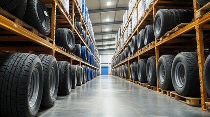 A fresh tire is placed in the industrial tire storage, ready for vehicles requiring tire replacements. 