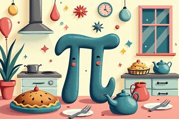 Playful illustration of a Pi symbol with cartoon features in a cozy kitchen setting surrounded by pies, teapots, and utensils