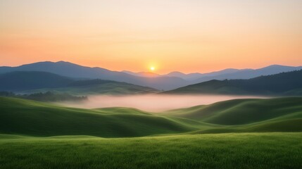 Fototapeta premium Serene Sunrise Over Rolling Green Hills Landscape