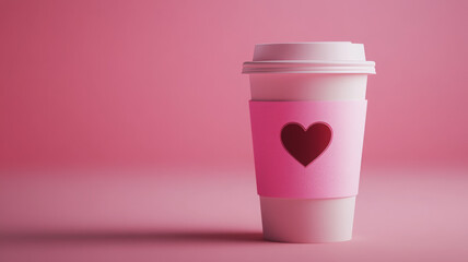 minimal rendering of coffee cup with heart design on pink background