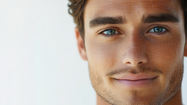 Close-up portrait of a young man with captivating blue eyes and light brown hair, showcasing a warm smile against a neutral background