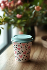stylish coffee cup with heart patterns, perfect for cozy moments