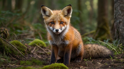 Naklejka premium Red fox, vulpes vulpes, small young cub in forest . Wildlife scene from nature 