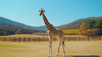 Giraffe in Autumn Landscape Scenic Pasture