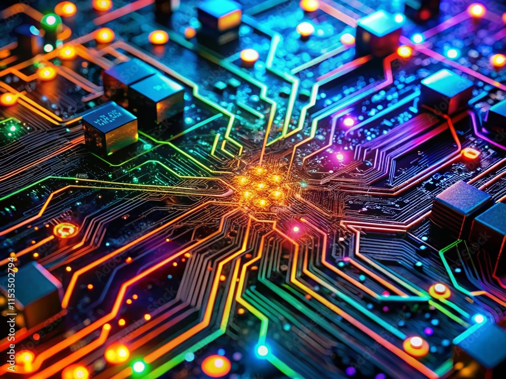 Poster macro close-up of generative ai code, abstract data flow, digital network, algorithm, technology