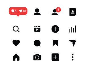 Social media Interface Icons set. Black and white social Media Icon. Home, Search, Upload, Reels, Profil,  other. Web Flat Icon