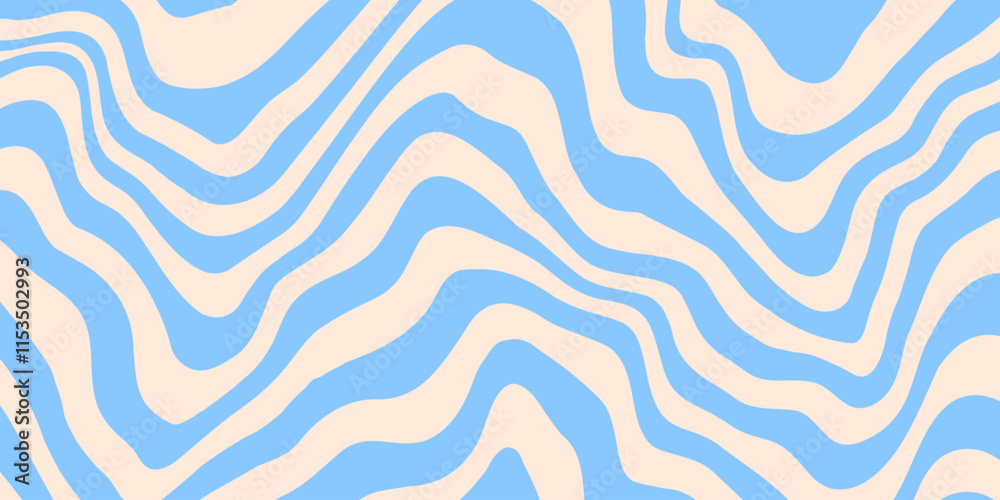Poster Abstract monochrome horizontal background with dynamic waves. Trendy vector illustration in style retro 60s, 70s. Blue and beige colors