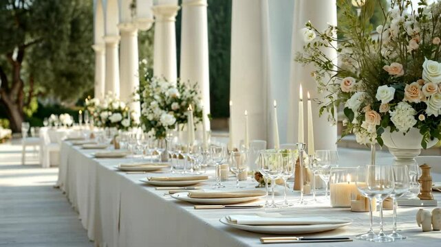 White floral arrangements and candles adorning a long table for a wedding reception in a luxurious venue, exuding sophistication and romance