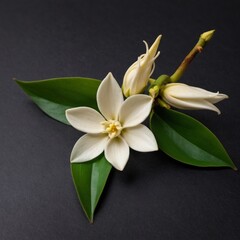 Fototapeta premium vanilla flower with pods and leaves isolated