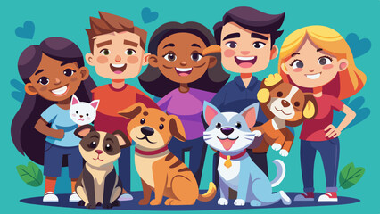 Pet adoption event with diverse people choosing shelter animals. Happy families adopting dogs and cats, joyful pet owners welcoming new furry friends.

