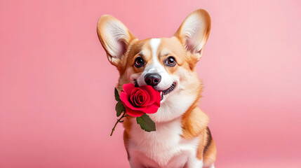 Cute corgi dog holding a red rose flower in his mouth for Valentine's day, studio photo on pink background, copy space template for card or banner, adorable animal