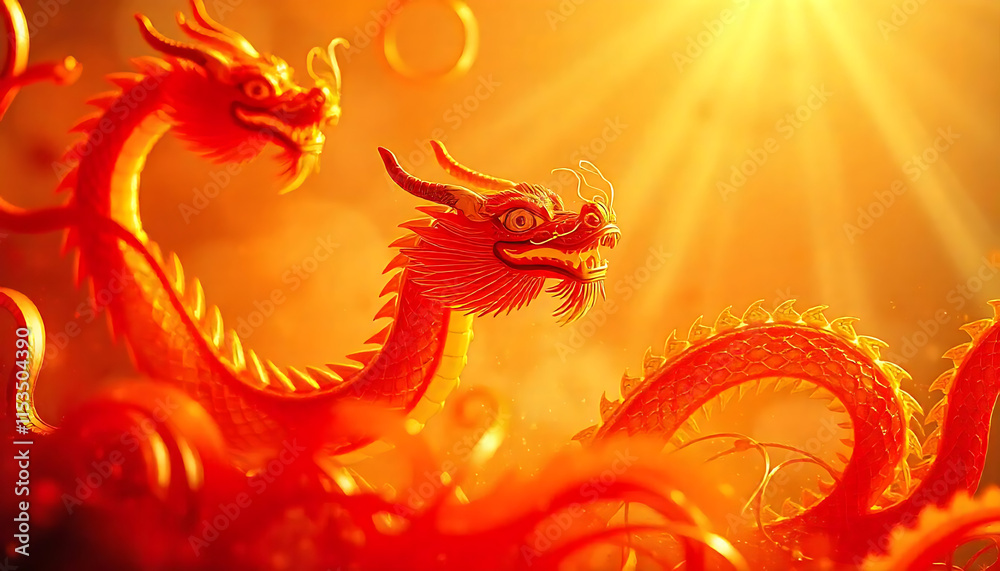 Fototapete A colorful abstract background with flowing, snake dragon shapes in shades of orange, red, and gold, creating a dynamic and vibrant composition concept Chinese New Year 2025,created with generative ai