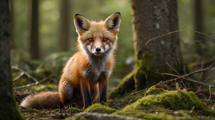 Fototapeta premium Red fox, vulpes vulpes, small young cub in forest . Wildlife scene from nature 