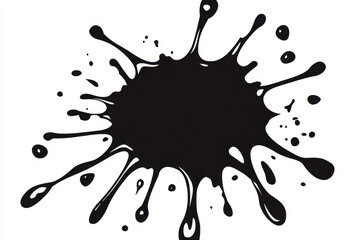 A black ink splatter with dynamic droplets, set against a white background, creating a bold and artistic visual element.