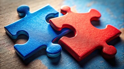 Obraz premium Macro Photo: Blue & Red Puzzle Pieces Interlocking, Symbolizing Connection and Collaboration