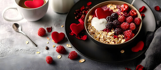 Valentine's Day breakfast featuring a muesli bowl with berries, along with coffee and milk, presented with copy space image.