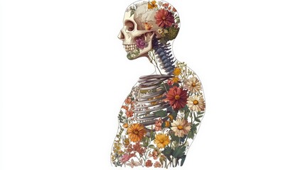 Skeleton Silhouette Surrounded by Colorful Flowers and Nature Elements