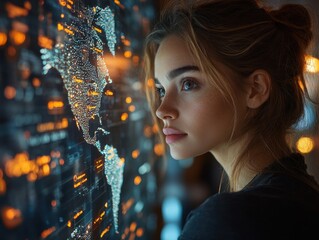 Young woman looking at a glowing digital map, immersed in a world of technology and innovation, representing the fusion of human curiosity and advanced data visualization.