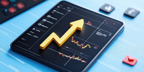 money manual finance. Digital tablet displaying a rising graph symbolizing growth and success in financial analysis.