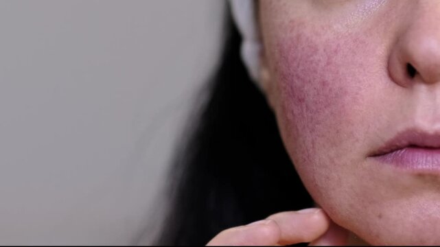 Close shot of an Asian woman scratching her face, appearing concerned. Displays an allergic reaction or sensitive skin flare-up with redness and irritation. Focus on skincare, dermatology, and beauty