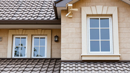 Obraz premium House Exterior with Beige Stucco, Tile Roof, and Windows