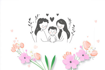 An artistic family illustration surrounded by pink flowers on a white background, highlighting familial love and celebration of special moments.
