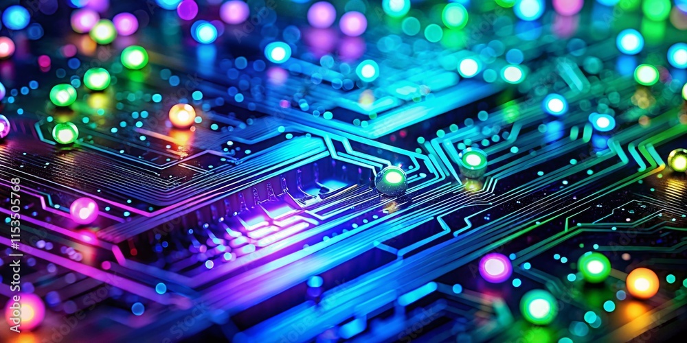 Poster macro photography: glowing binary code on futuristic tech background