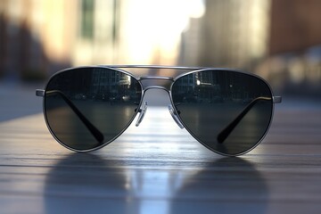 sleek pair of aviator sunglasses resting on reflective wooden table under soft directional light with blurred urban