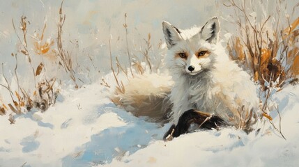 Fototapeta premium Arctic Fox Resting In Winter Snowscape