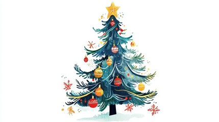 Colorful Watercolor Christmas Tree with Bright Ornaments and Star
