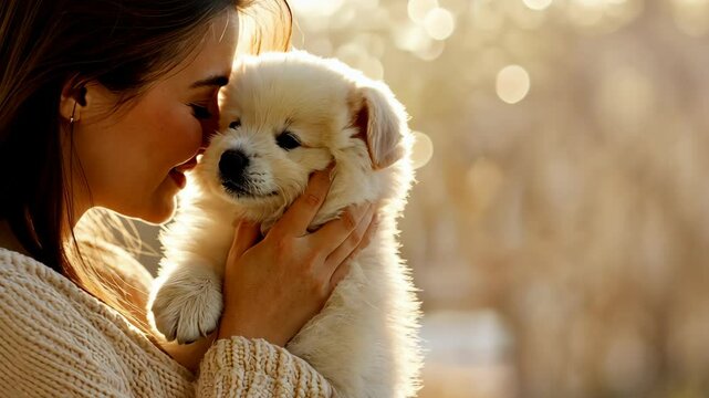 Woman snuggling with a fluffy samoyed puppy dog in the warm glow of sunset, exuding love, happiness, and gentle affection copy space for your text