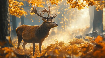 Majestic Stag in Autumnal Woodland Sunlight