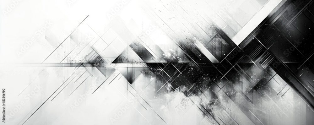 Poster dynamic geometric shapes and textures create a high-contrast design on a black digital background, s
